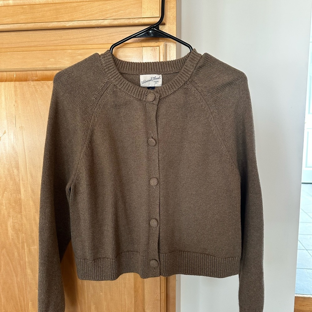 Universal Thread Brown Button-Front Cropped Crewneck Cardigan